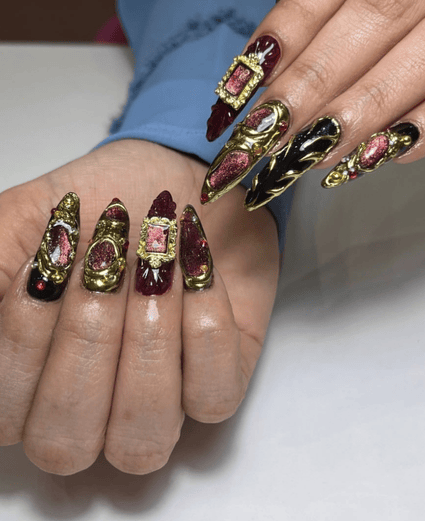 Exclusive builder gel nail design with jewel art by Riri Nails salon in Muscat, Oman.